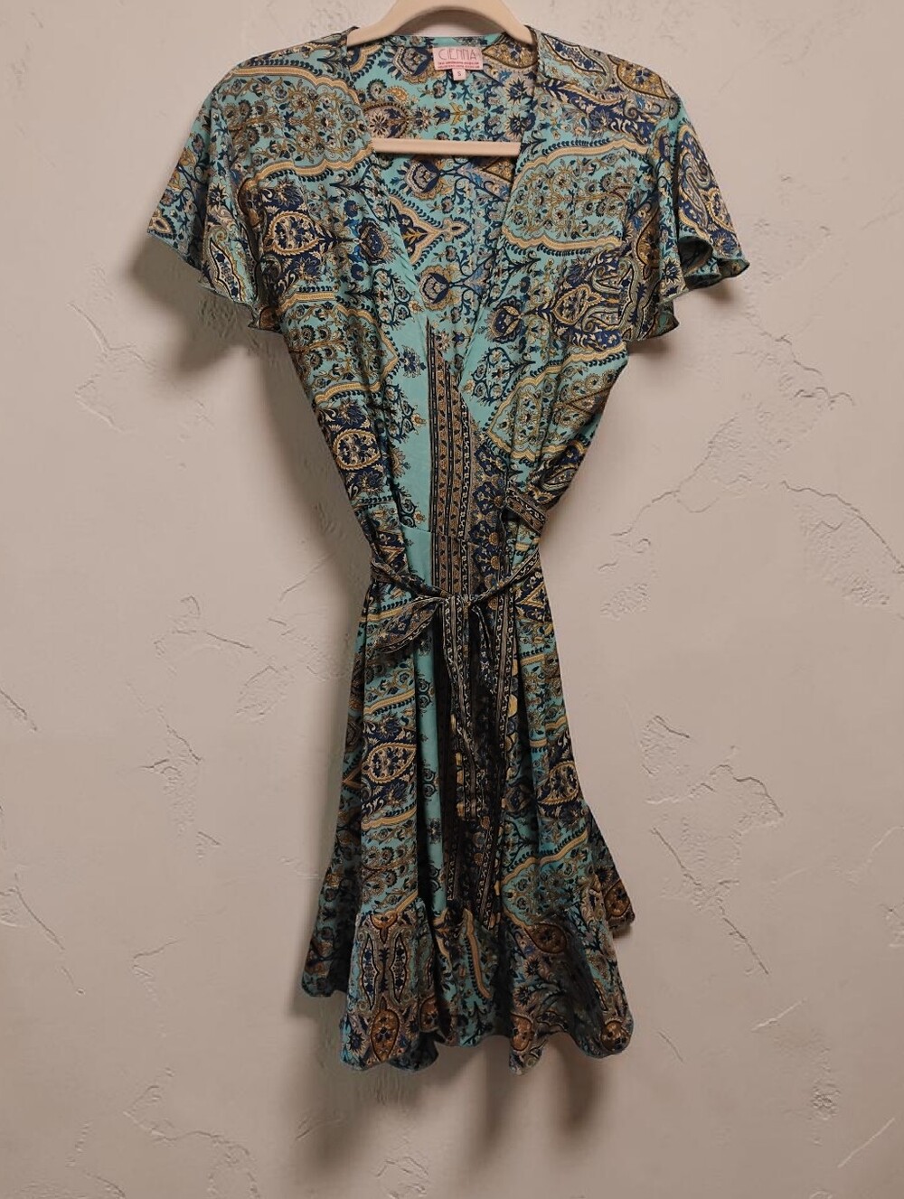 Cienna Silk Vintage Sheer Paisley Wrap Dress - Teal & Brown Size Small